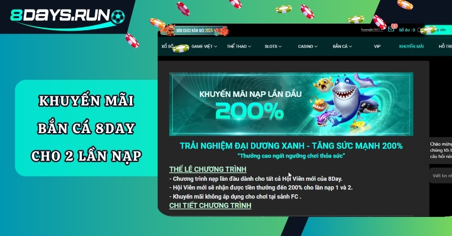 Khuyến mãi bắn cá 8DAY - Tặng 200% cho hai lần nạp