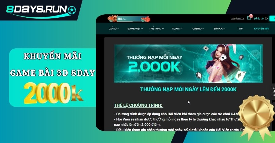 Khuyến mãi Game bài 3D 8DAY đến 2.000K mỗi ngày