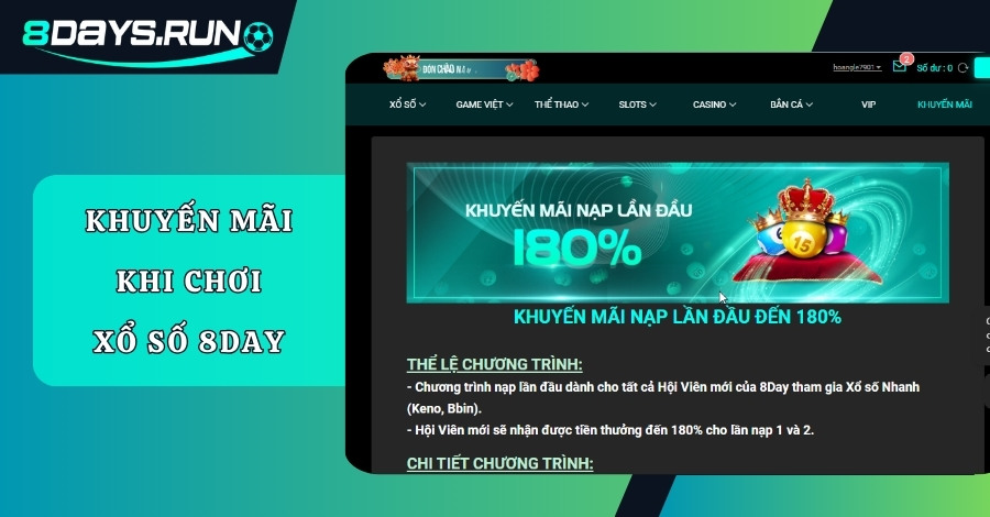 Khuyến mãi Xổ Số 8DAY - Thưởng nạp lần đầu 180%